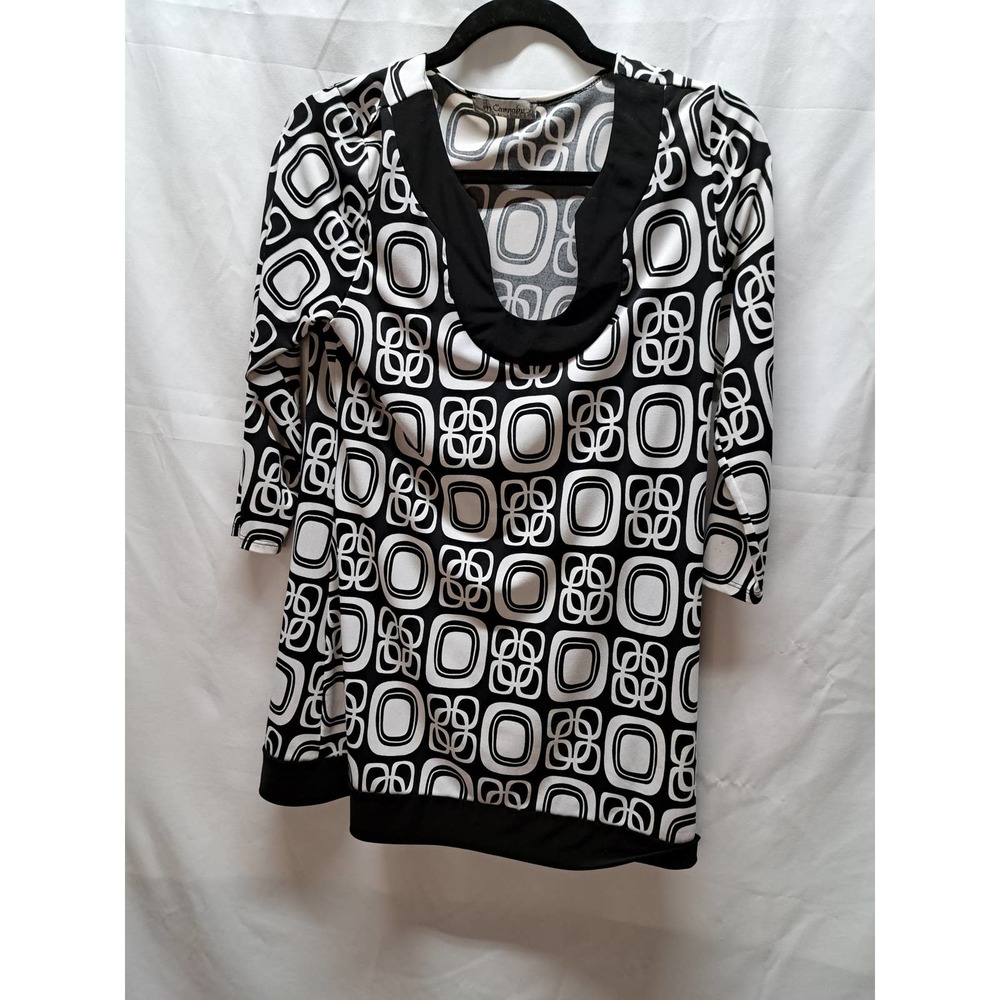 Vtg 60's Style On Carnaby Black White Geometric Design Black Trim Blouse Md.